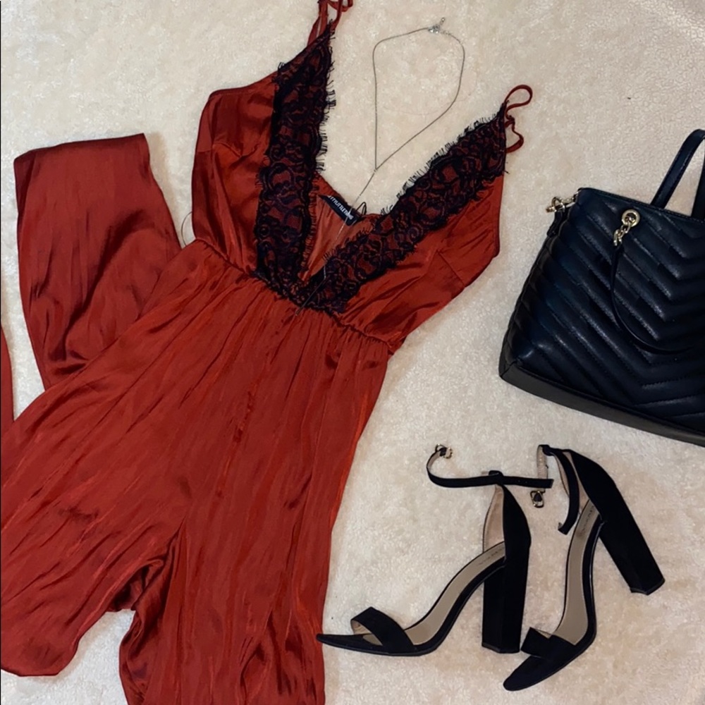 Silky plunge eyelash lace jumpsuit